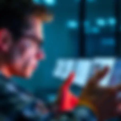 A person looking concerned while checking their bank account online, with a notification about a review process on the screen.