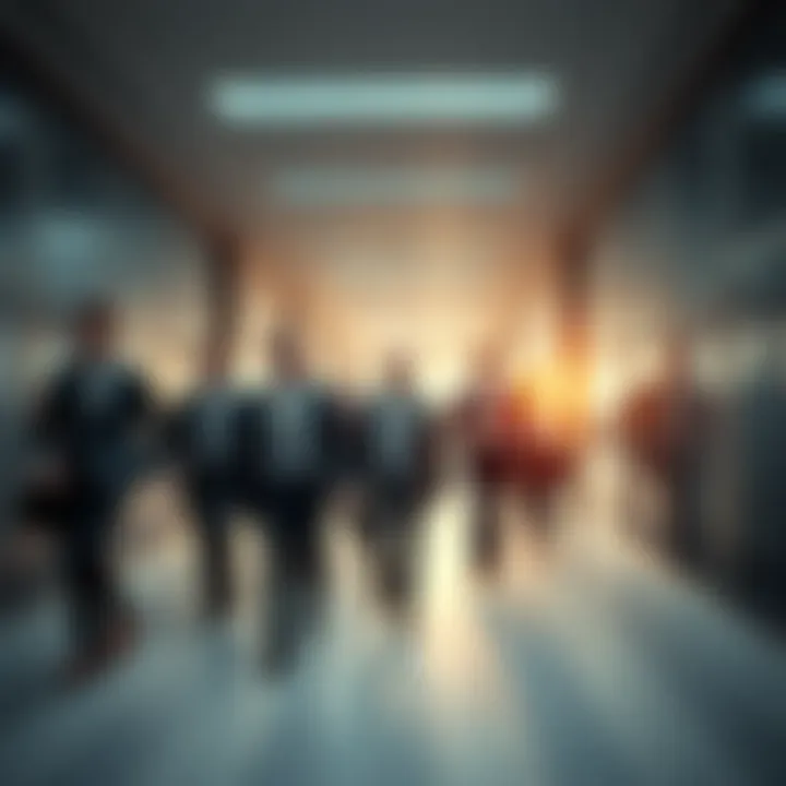A group of bankers in suits walking out of a corporate office with concerned expressions