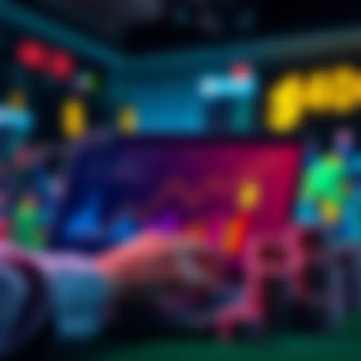 A graphic showing a person managing their gambling funds with charts and dollar signs around