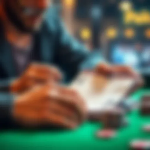 A player calculating their bankroll with poker chips and a notebook, focusing on minimizing risks while playing advantage games
