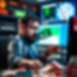 A frustrated bettor sitting in front of a computer, looking at a message of account suspension, with betting slips scattered around him.