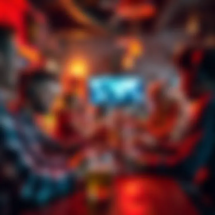 Friends enjoying drinks while playing online games together in a lively bar setting