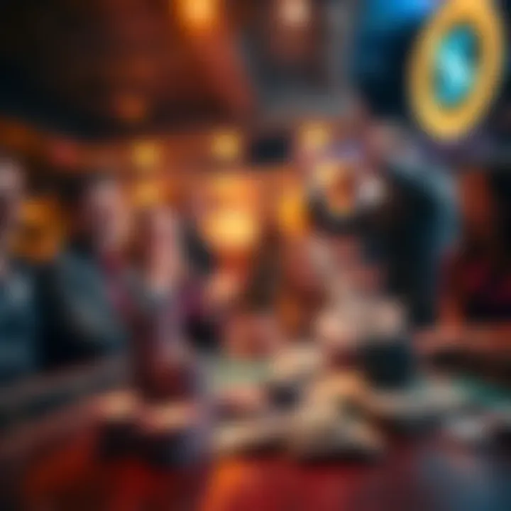 A bar scene showing poker chips and cash on the table with excited patrons celebrating a big win