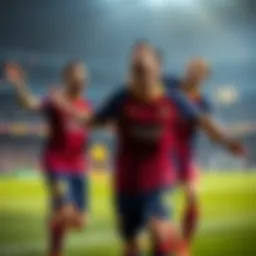 Barcelona football players celebrating a goal with excitement during a match