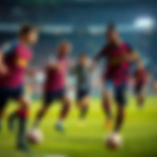 Barcelona and Newcastle players compete on the field during a soccer match