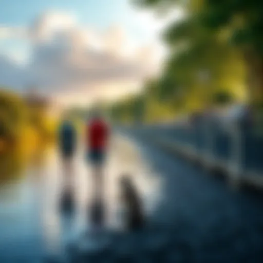 People enjoying barefoot walking along the Main River, surrounded by nature and greenery