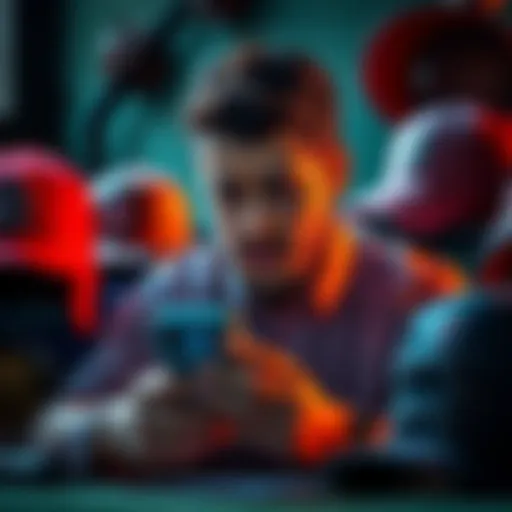 A person looking frustrated while checking baseball betting odds on a smartphone, surrounded by baseball gear