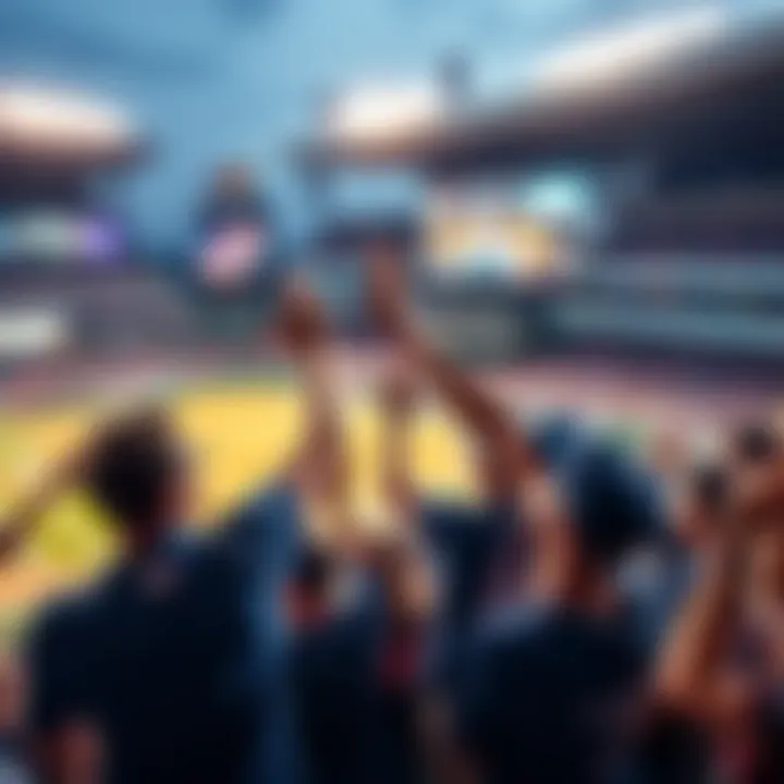 Fans celebrating a thrilling comeback during a live baseball game, high-fives and cheers fill the stadium