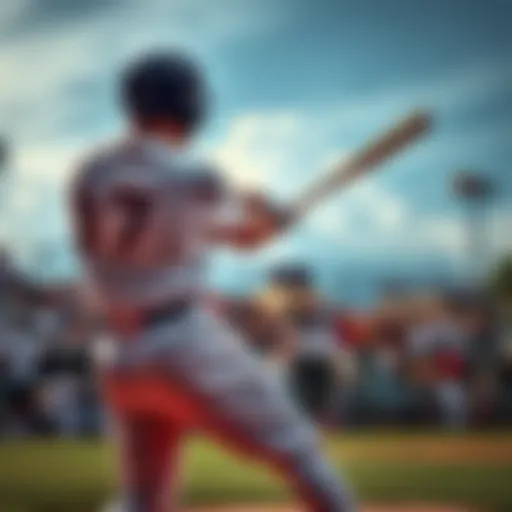 A baseball player swings at a pitch, launching the ball into the sky during a game, with fans cheering in the background.