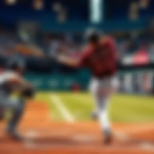 A baseball player swings at a pitch, hitting a home run while fans cheer in the background.