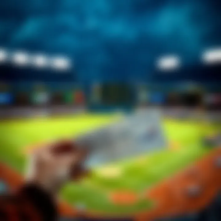 Baseball betting options A person holding a betting slip with a baseball field in the background, pondering a decision between cashing out or betting on the Dodgers.