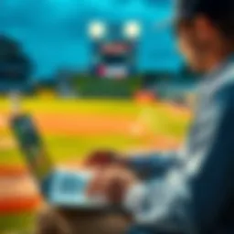 Baseball Betting Strategy A person studying baseball statistics and betting strategies on a laptop with a baseball field in the background