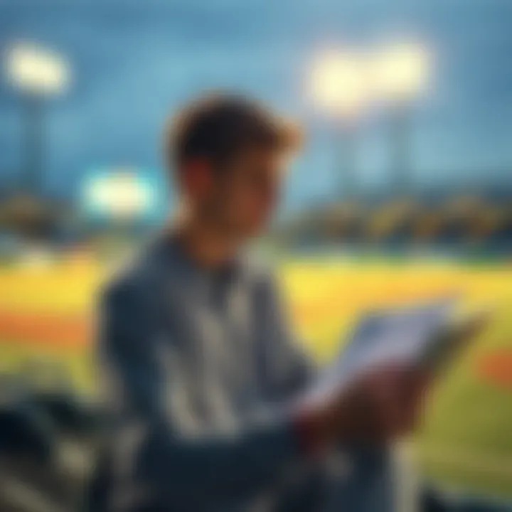 A person studying baseball statistics and betting options on a laptop, with charts and a baseball field in the background.
