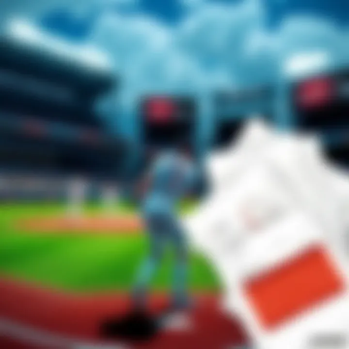 A baseball field with players in action, alongside betting slips and odds displayed, representing sports betting on MLB games
