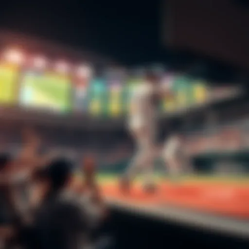 A baseball player at bat while fans cheer in the stands, with betting odds displayed on a screen in the background.