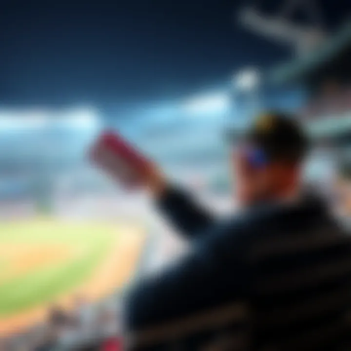 A baseball fan holding a winning ticket with excitement at a baseball game