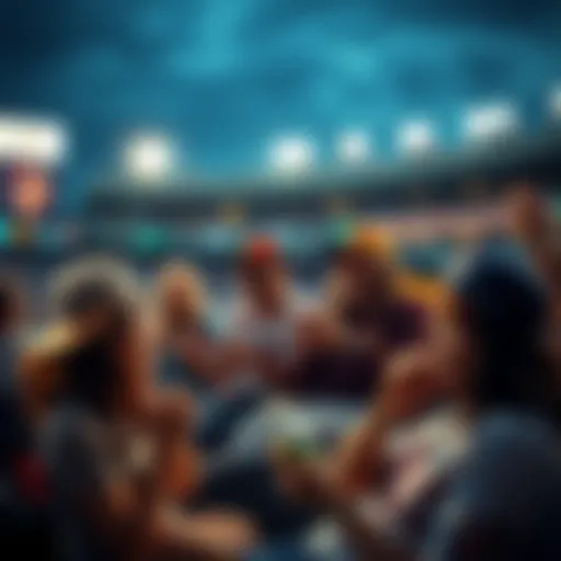 A group of baseball fans watching a game together, cheering and enjoying snacks