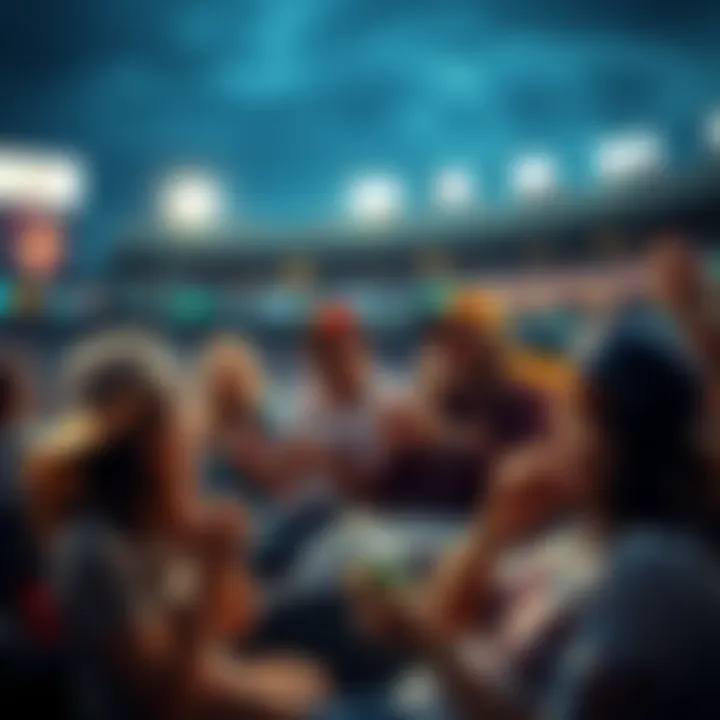 A group of baseball fans watching a game together, cheering and enjoying snacks