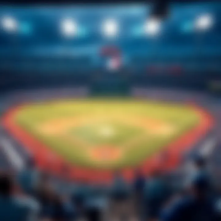 A baseball field showing betting odds with people discussing