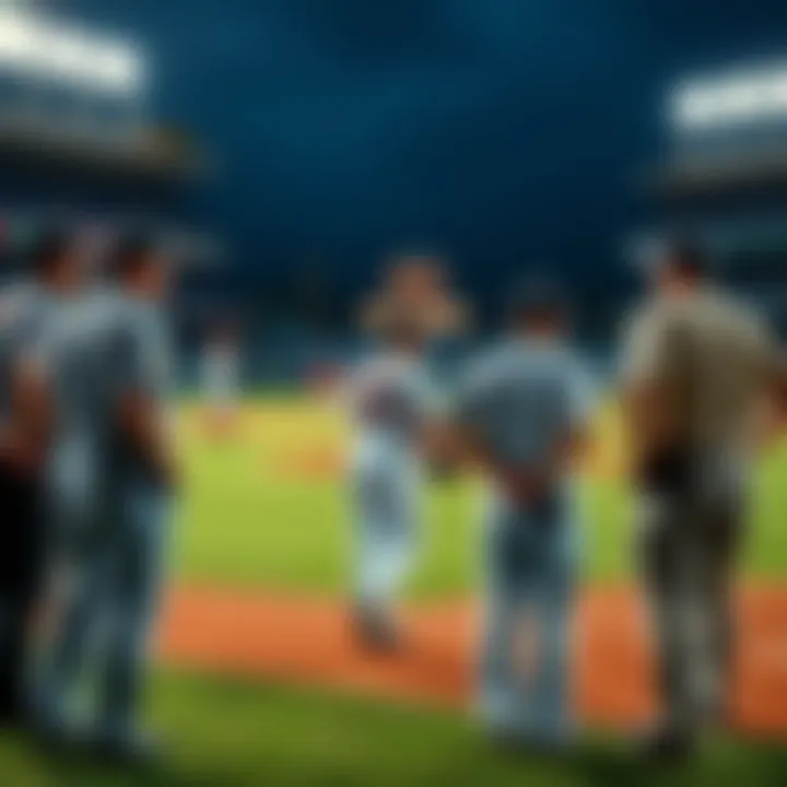 A baseball field scene showing players discussing an ABS challenge with umpires, highlighting the tension and strategy involved in betting.