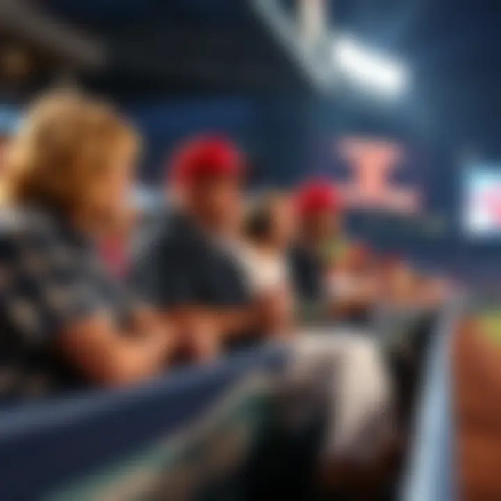 A group of newcomers enjoying a baseball game, with one person explaining the rules to others, surrounded by fans in the stands.
