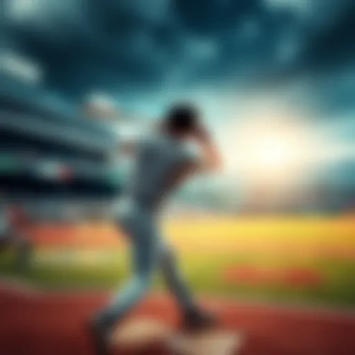 A baseball player swings a bat in a stadium, poised to hit a home run during a game.