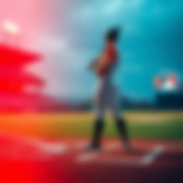 A baseball player standing on the field preparing to bat, with a focus on the bases behind him.