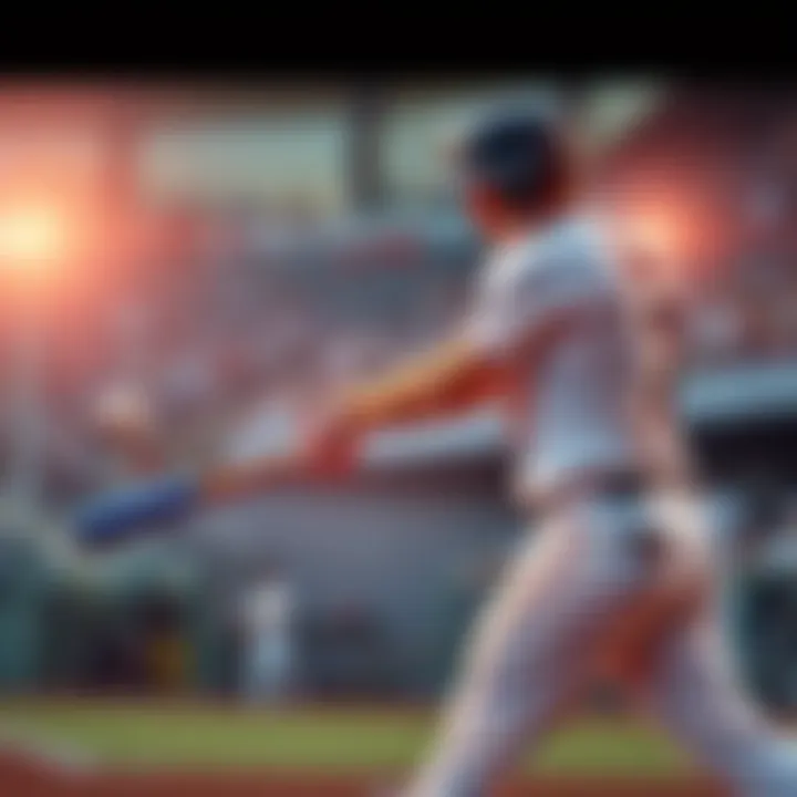 A baseball player swings a bat and makes contact with the ball during a game, showcasing the action of hitting.