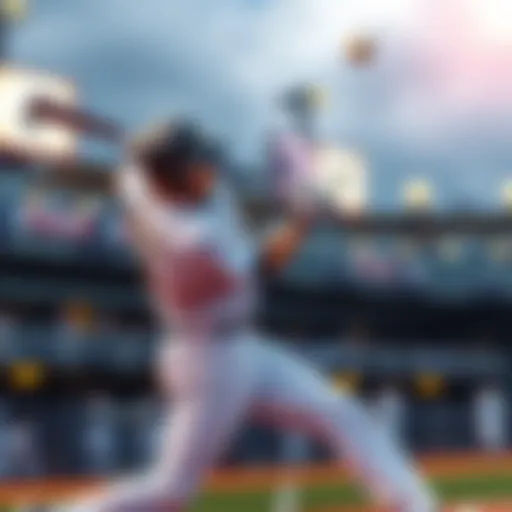 A baseball player swings at a pitch, sending the ball soaring into the sky during a game