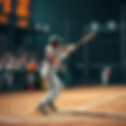 A baseball player swings at a pitch during a game, aiming for a homerun, with excited fans in the background.