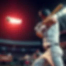 A baseball player swings bat during a game, ball flying towards the sky after the hit