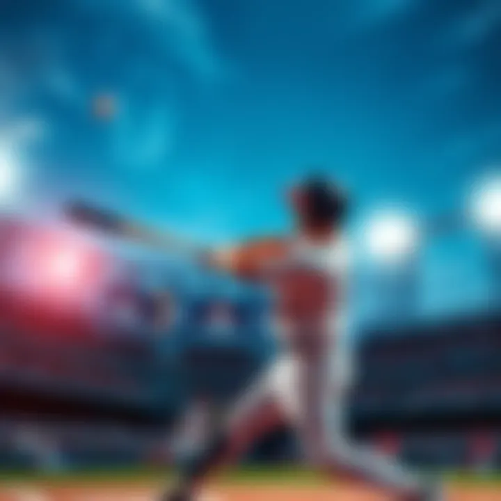 Baseball Player Hitting a Home Run A baseball player swings bat and connects with the ball, sending it soaring into the sky during a game.