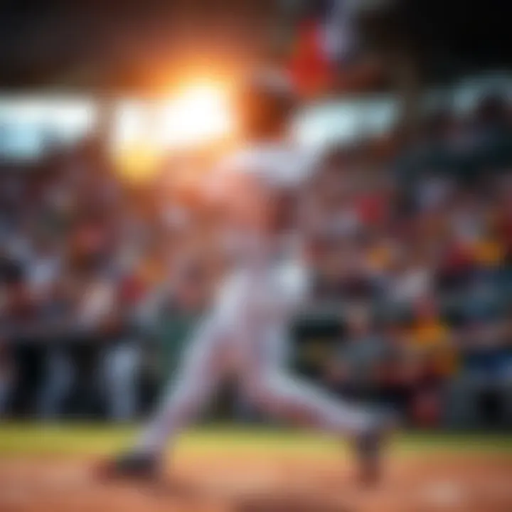 A baseball player swings at a pitch during a game, hitting a home run with fans cheering in the background.