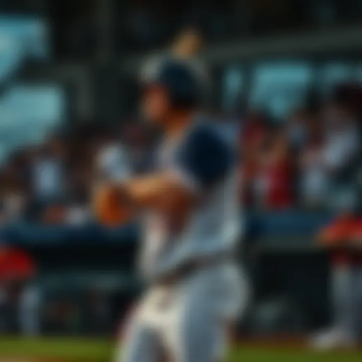 Baseball player ready to hit a home run A baseball player stands at bat, focused and ready, with fans cheering in the background as he prepares to hit the home run needed for a milestone.