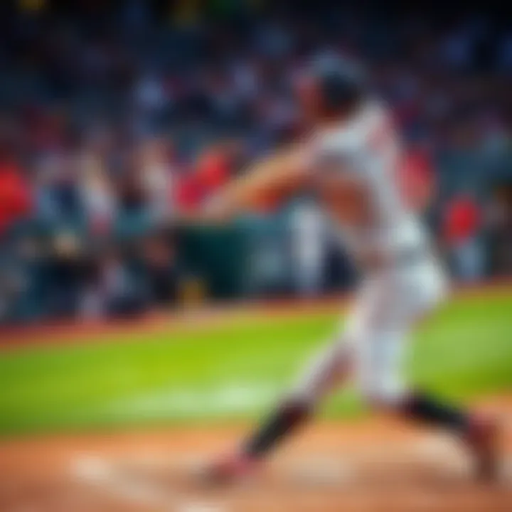 A baseball player swings at a pitch, connecting with the ball, as fans cheer in the background during a game.