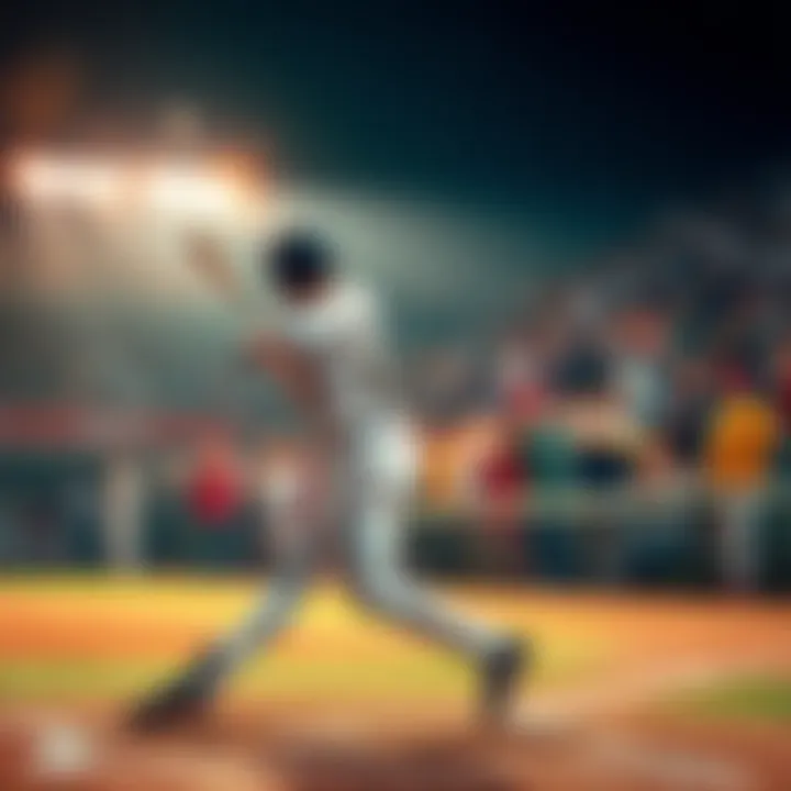 A baseball player swings at the ball, hitting a home run during a game, with fans cheering in the background.
