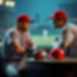 Two baseball players sitting at a table, talking about prop bets with baseball gear around them.