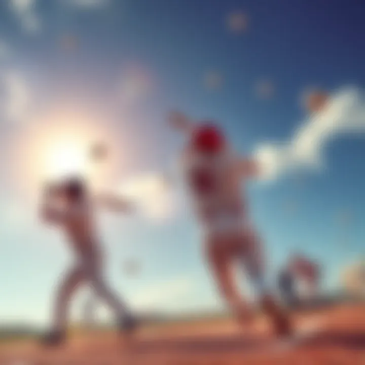 A scene of baseball players swinging bats as balls soar into the sky, showcasing excitement and competition in the game.