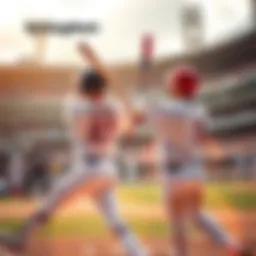 Two baseball players in action, swinging bats during a game, with one player hitting a home run and the crowd cheering