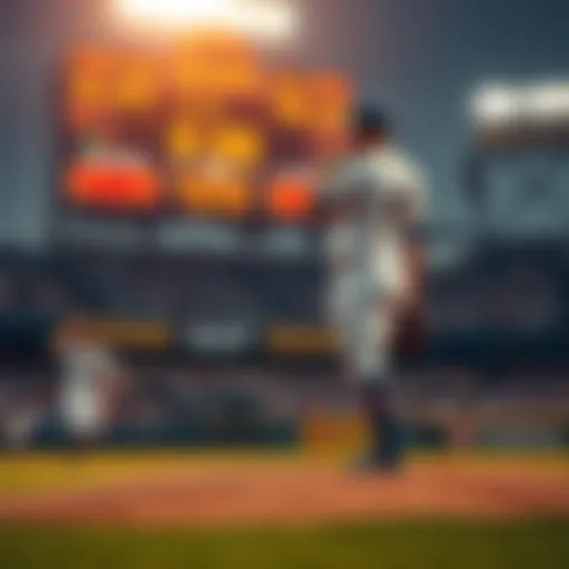 Baseball Relief Pitcher Struggling A baseball relief pitcher on the mound showing frustration during a game, with a scoreboard indicating poor performance in the background