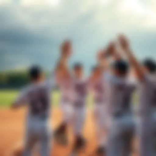 A baseball team celebrates their third consecutive win with cheers and high-fives on the field, showcasing joy and teamwork.
