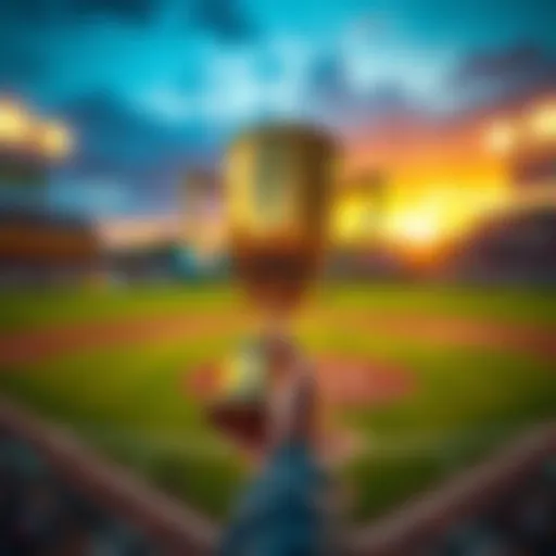 Baseball trophy celebration A person holding a trophy with a baseball field in the background, celebrating a perfect season.