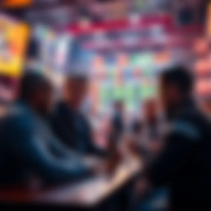 Basketball game betting discussion A group of people discussing basketball betting odds at a sports bar