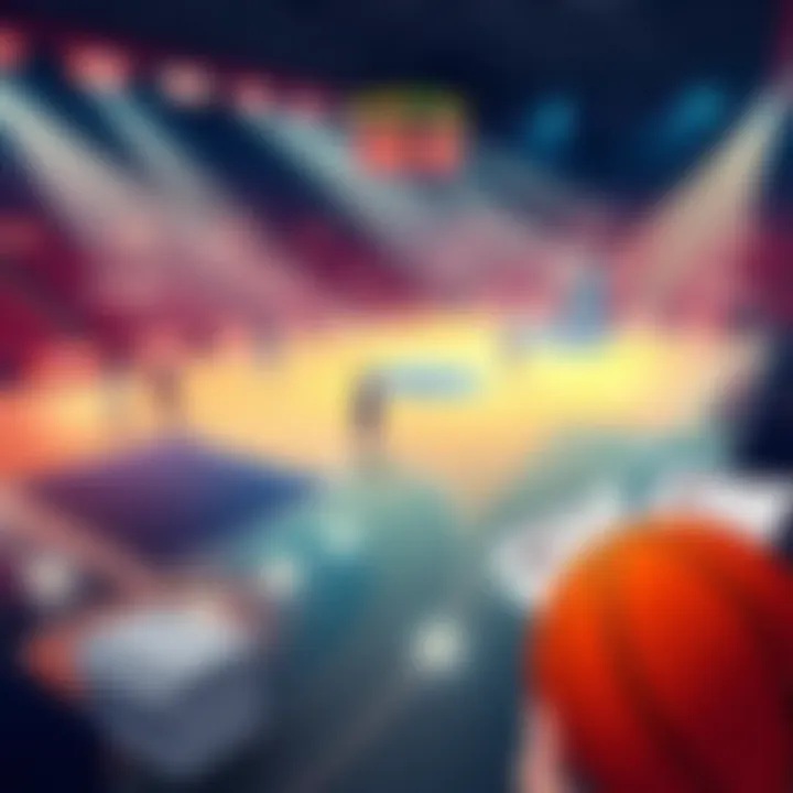 An illustration showing a basketball court with betting slips and statistics on the side, highlighting NBA games.