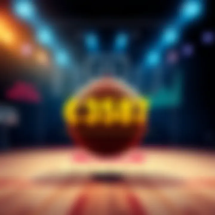 Illustration of a basketball court with betting odds and charts in the background, showing potential winnings.