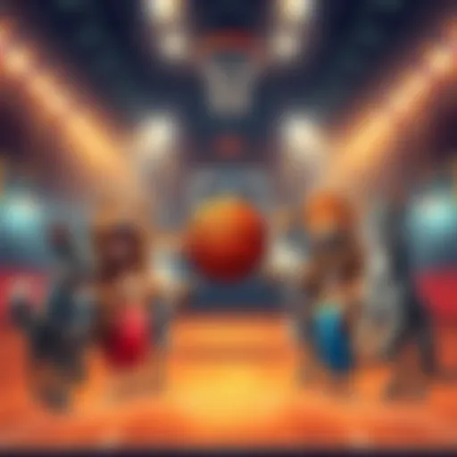 A basketball court featuring various animal graphics symbolizing teamwork and competition