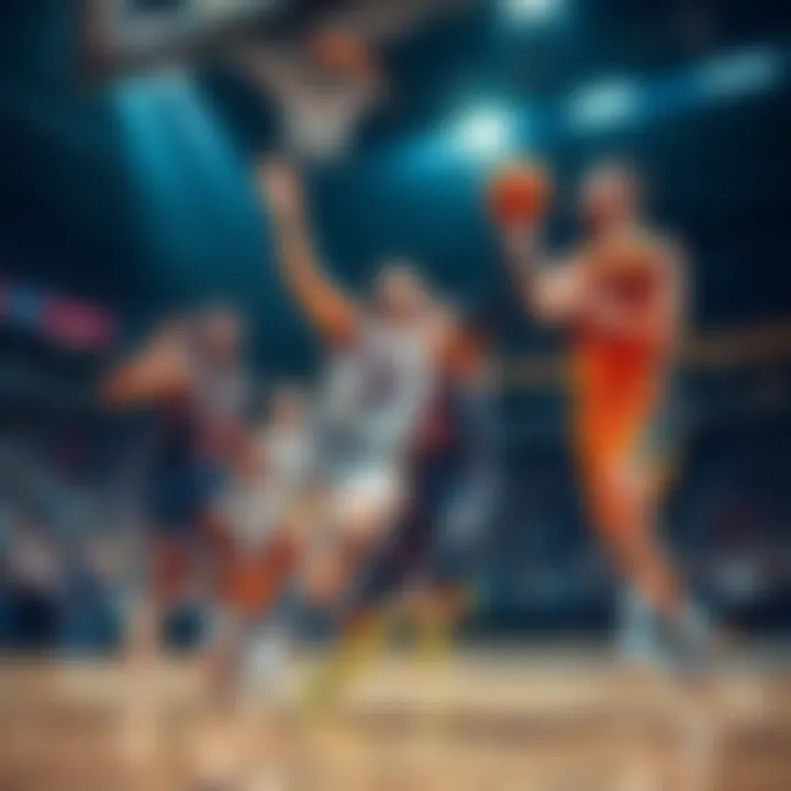 Players in action during a basketball game, showcasing skills and teamwork.