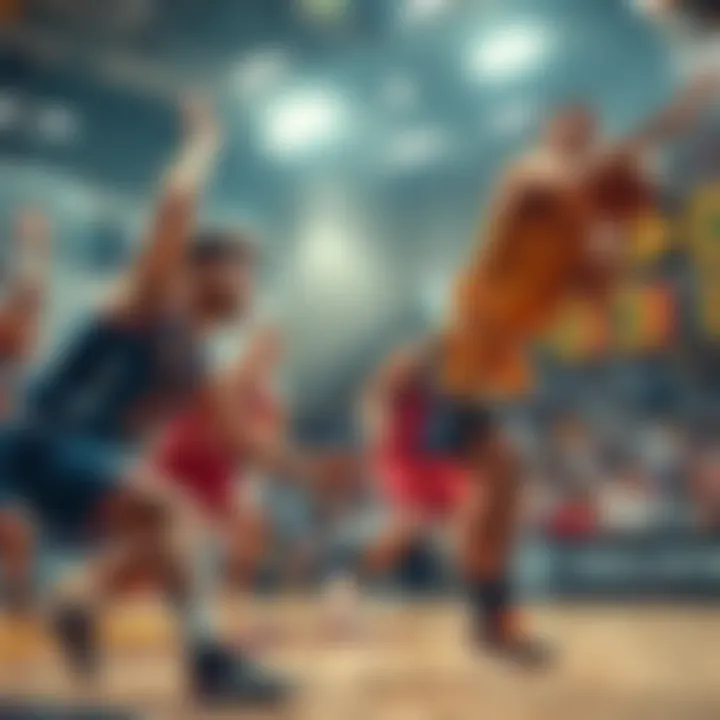 Players in a tense moment during a basketball game, showing a mix of tension and energy as they compete fiercely, with one player making a crucial play in overtime.