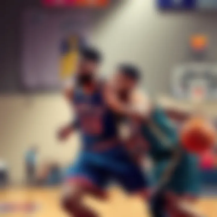 Two basketball players collaborating on a pick and roll play during a game, showcasing teamwork and strategy.