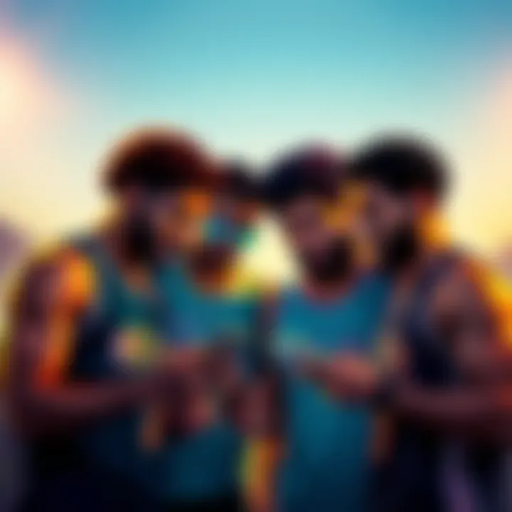 A group of friends discussing basketball tips while looking at their phones